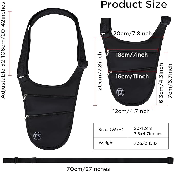 Crossbody Bag for Men Women Anti-Theft Money Belt for Travel Hidden Slim Passport Holder Mini Sling Bag Chest Belt Under Clothes to Protect Cash, Credit Cards, Phone