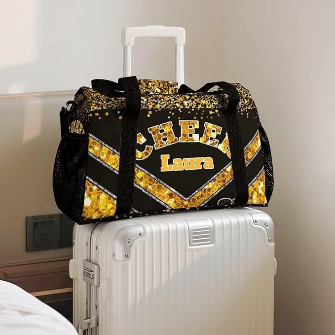 Personalized Cheer Bag Gifts for Girls Sport Cheerleading Gym Travel Duffel Bag Overnight Weekender Bags with Name (Golden)