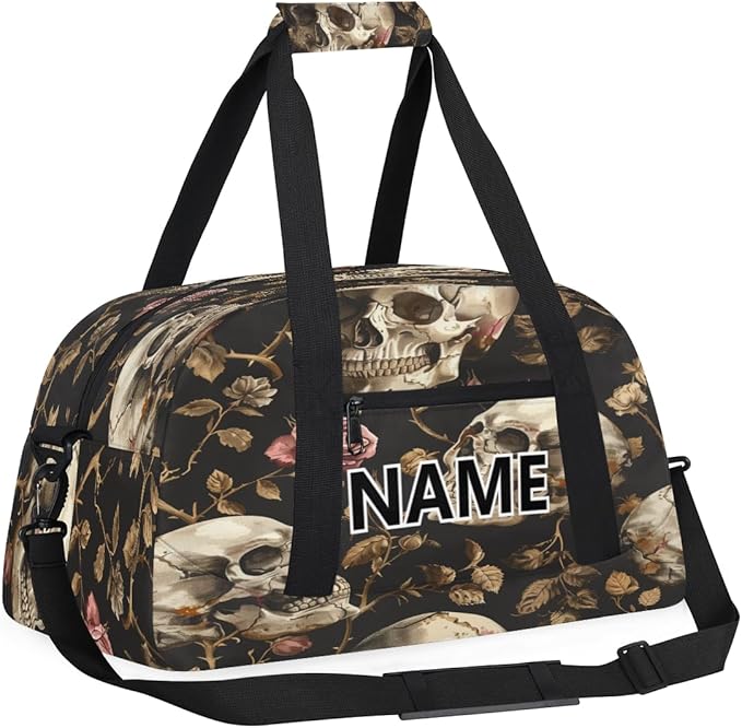 Skull Mini Gym Bag 18 inch for Women Men Waterproof Custom Vintage Floral Skull Gothic Travel Duffel Bag Carry On Overnight Tote Nurse Bag for Work Fitness Hiking