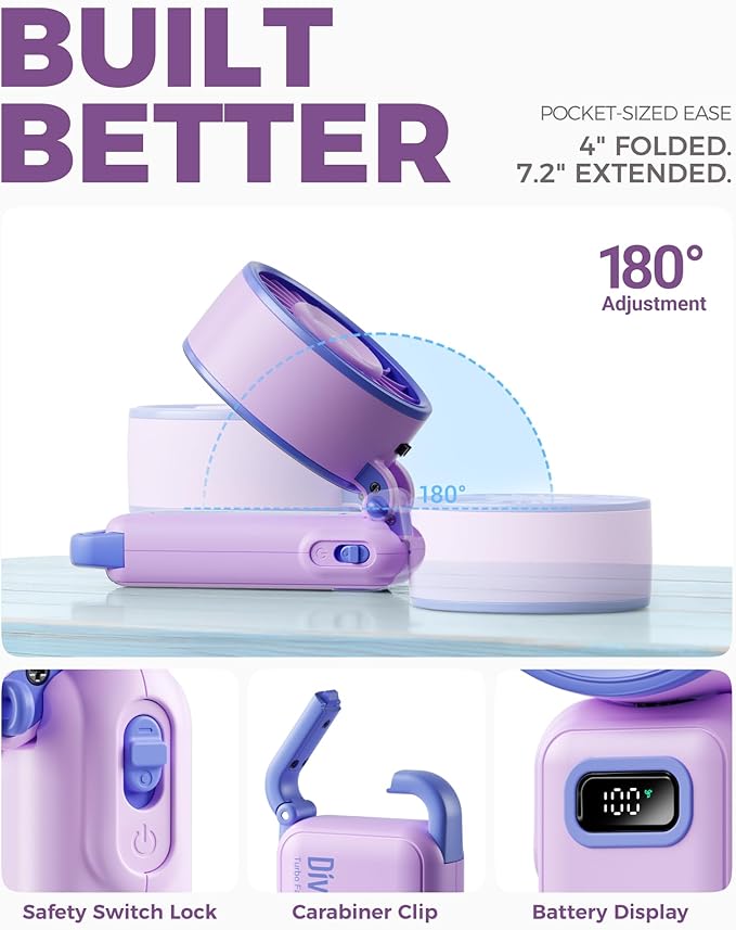 Diveblues Portable Turbo Fan, 7.4m/s High Speed Handheld Fan, 180° Foldable 4-in-1 Personal Neck Fan with Carabiner Clip, 100 Speed Stepless Control, USB-C Rechargeable for Travel, Makeup Hot Flashes