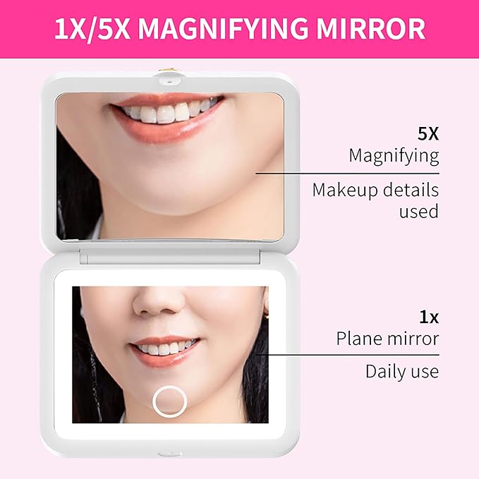 1X/5X Magnification LED Travel Makeup Mirror, Rechargeable Travel Mirror with Light, Portable Pocket-Sized Folding Design Ideal Gift for Travel & Daily Use
