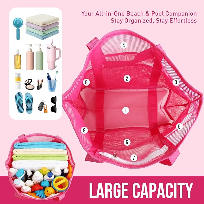 Large Mesh Beach Tote Bag, 9-Pocket Foldable Summer Vacation Beach Bag for Travel, Pool, Gym, Cruise
