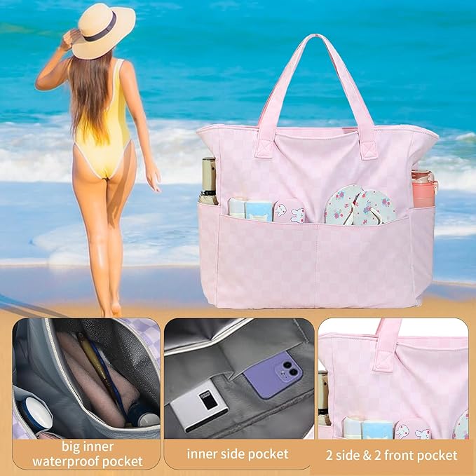 LEDAOU Beach Bag Waterproof Sandproof Women Beach Tote Pool Bag with Zipper for Swim Gym Grocery Travel with Wet Pocket | Sandproof, with Zipper, for Gym, Grocery, Travel, with Wet Pocket