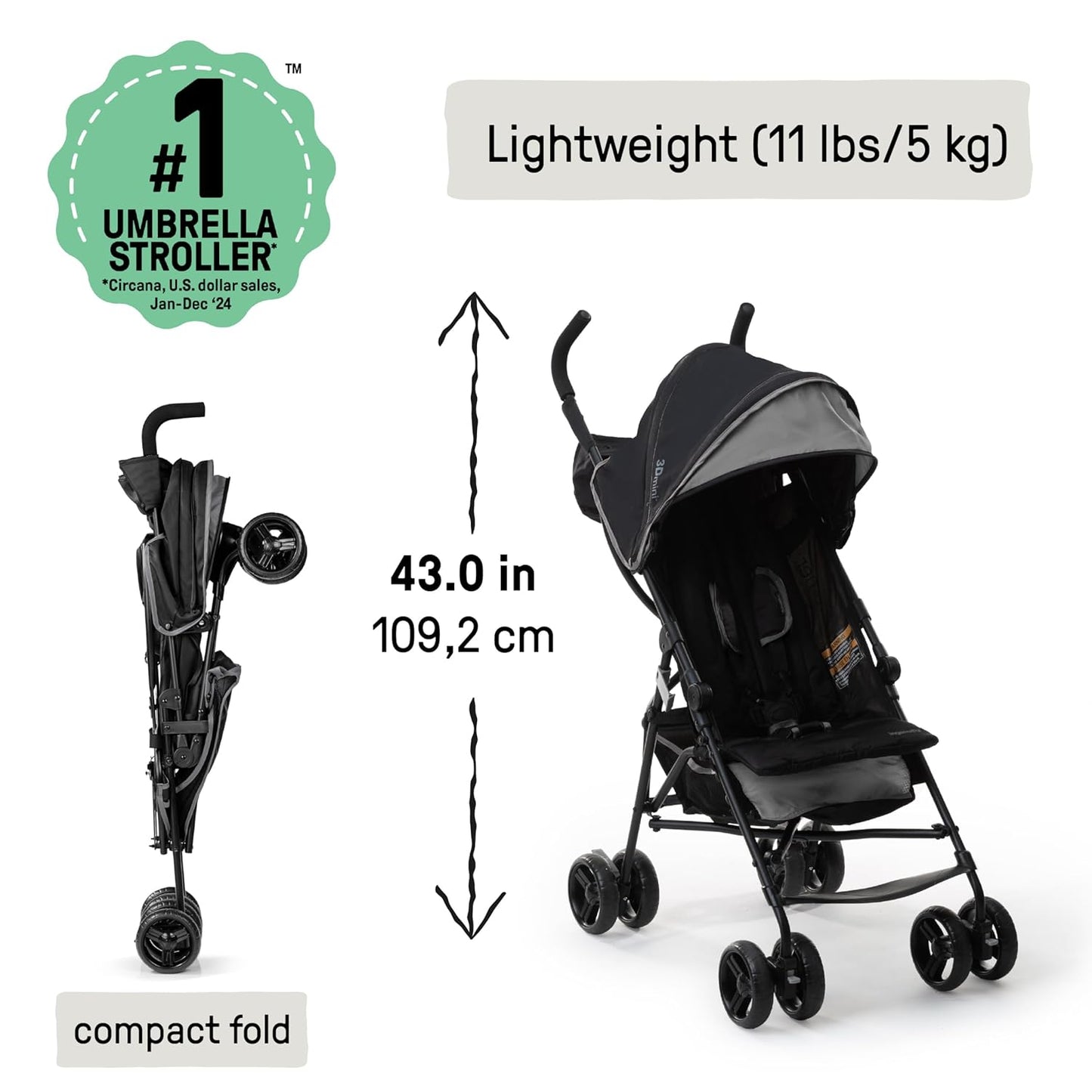 Ingenuity3D Mini Convenience Stroller – Lightweight Stroller with Compact Fold, Multi-Position Recline, Canopy with Pop Out Sun Visor and More – Umbrella Stroller for Travel and More, Gray