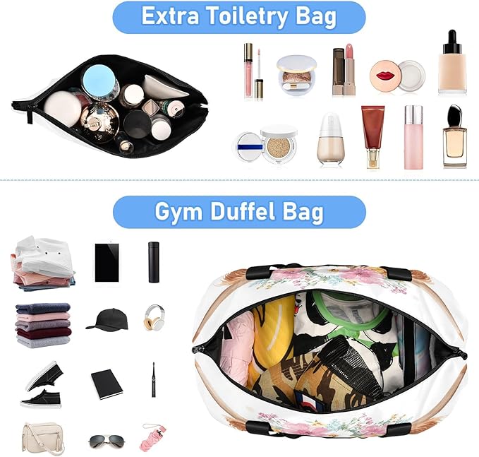 Travel Duffel Bags for Women Cute Highland Cow with Flower Crown Print Sports Duffel Bags Gym Bags with Shoes Compartment Tote Bag Weekender Bag for Travelling