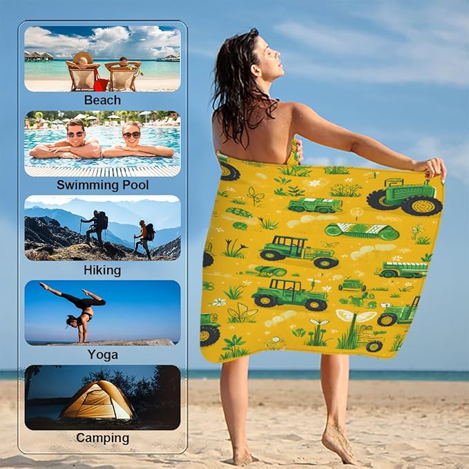 Grass Tractor Butterfly Clover Beach Towel, Large Microfiber Quick Dry Lightweight Pool Bath Towels Sand Free Beach Blanket for Summer Cruise Yoga Camping Travel Vacation Essentials 31 x 61 In