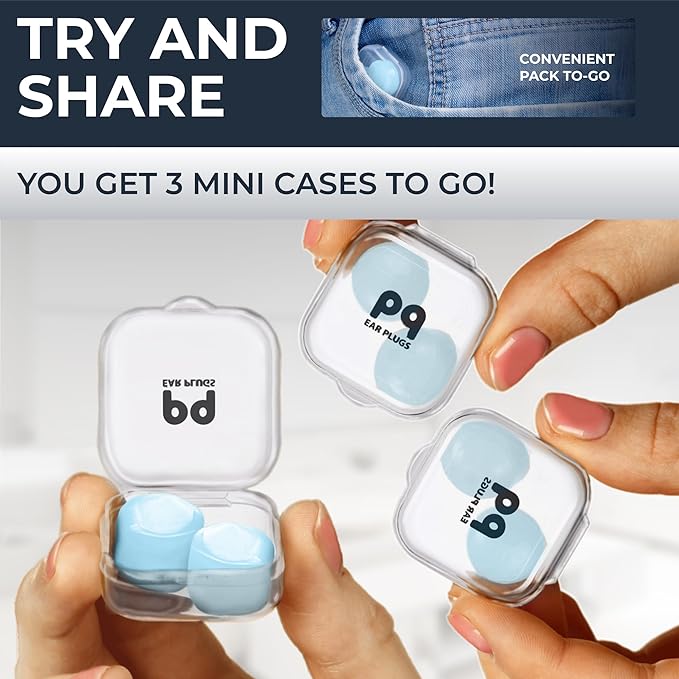 Peace&Quiet PQ Wax Ear Plugs for Sleep - 6 Silicone Wax Earplugs for Sleeping and Swimming - Gel Ear Plugs Noise Cancelling, Protect Ears While Sleeping with Sound Blocking 32 Db (6-Pillows), Blue