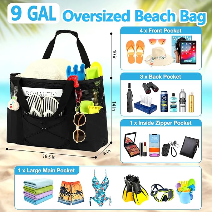 Mesh Beach Bag, Large Beach Tote with Zipper Pocket, Toys Pool Bag for Family Travel Vacation Cruise Essentials