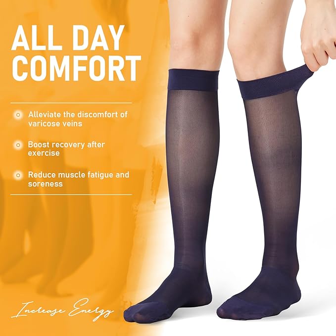 2 Pairs Sheer Compression Socks for Women - 15-20 mmHg Knee High Sheer Compression Stockings for Support Circulation Swelling Edema Work Office Travel, Navy, Large