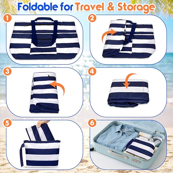 BKNOOU Extra Large Beach Bags Waterproof Sandproof XL Beach Tote Bag for Women Zipper Foldable Swim Pool Bag with Wet Pocket
