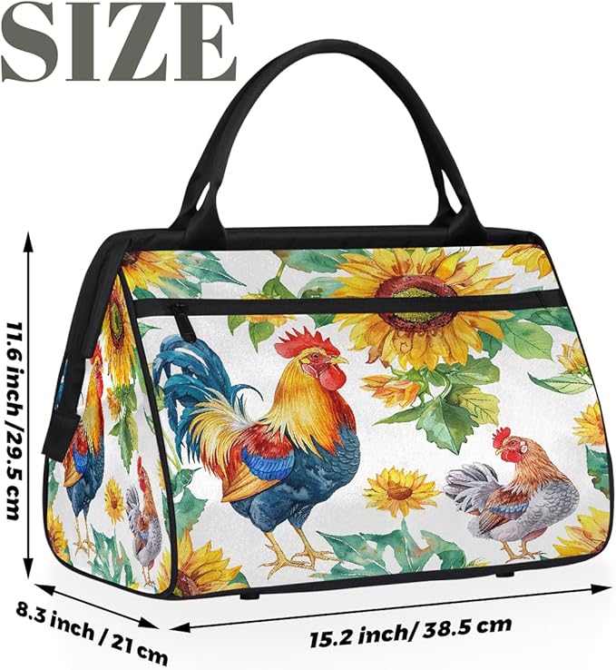 Multipurpose Duffle Bag, Waterproof Carry On Bag with Spacious Design, Watercolor Rooster Sunflower Gym Bags, 15.2x8.3x11.6in
