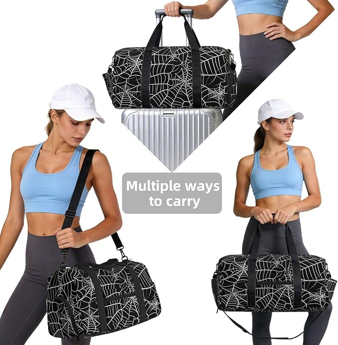 Sports Gym Bag Spiderweb Pattern Black Travel Duffel Bag With Shoe Compartment Shoulder Strap, Lightweight Water-Resistant Weekend Overnight Totes For Women Men