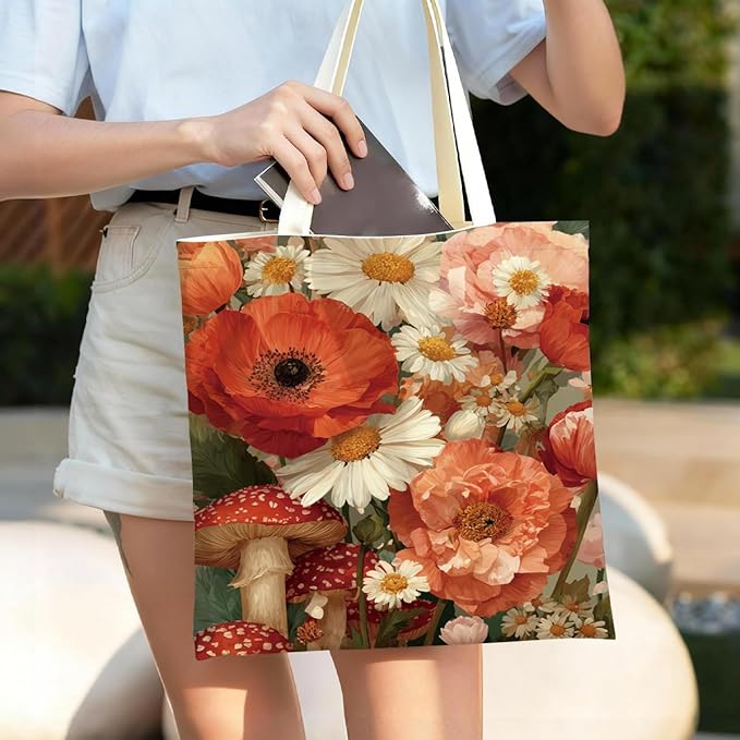 Canvas Tote Bag for Women, Vintage Print Handbag, Aesthetic Shopping Bag for Work Travel Beach, Everyday Shoulder Tote