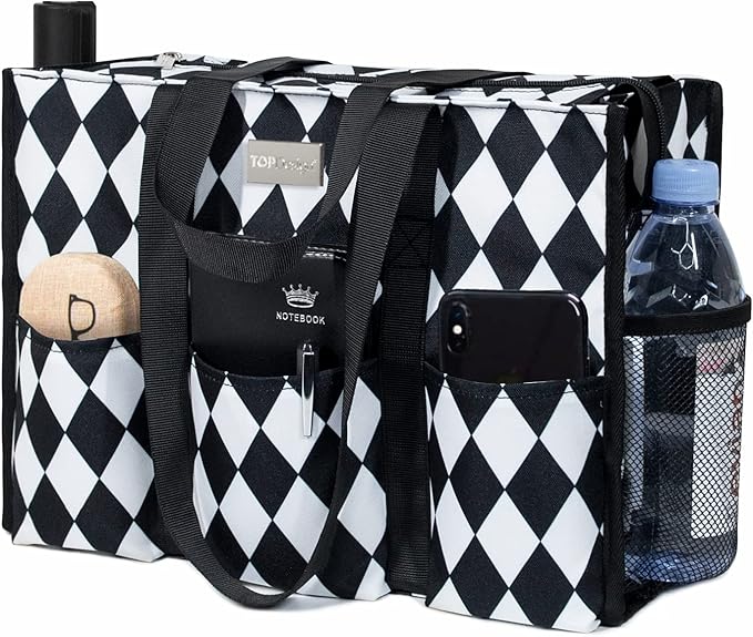 TOPDesign Utility Water Resistant Tote Bag with 13 Pockets, Top Zipper Closure & Thick Bottom Support, for Working Women