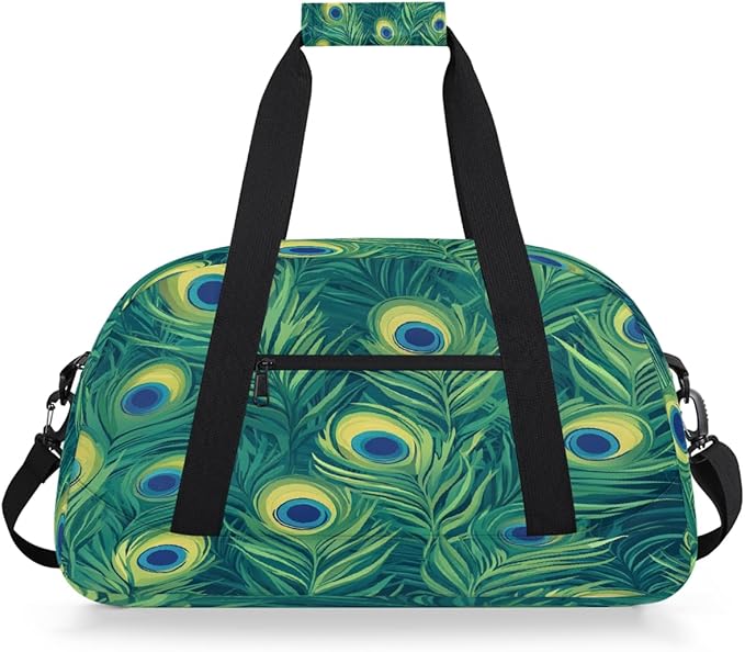 Kids Duffle Bag Girls Boys Green Peacock Feather Eyes Weekender Overnight Bag,Lightweight Duffel Bags for Traveling Gym Sport Dance