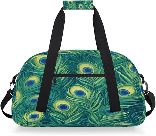 Kids Duffle Bag Girls Boys Green Peacock Feather Eyes Weekender Overnight Bag,Lightweight Duffel Bags for Traveling Gym Sport Dance