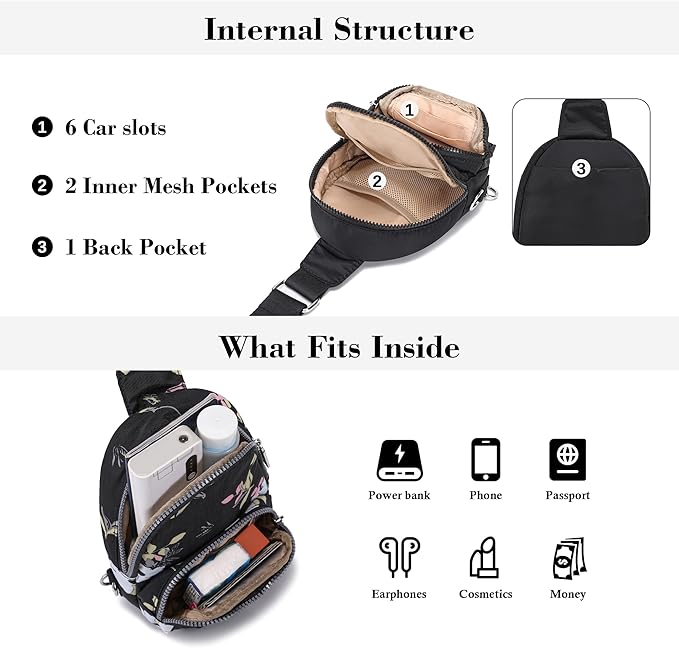 NEICOA Anti Theft Crossbody Bags for Women Small Nylon RFID Sling Bag Lightweight Travel Purse for Daily Casual Use(Black Floral)