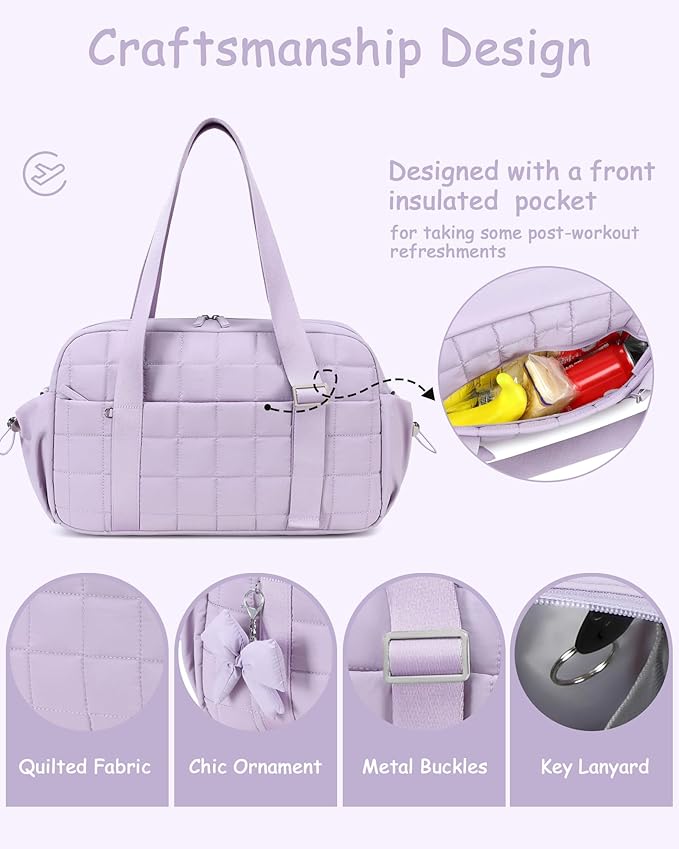 CAMTOP Mini Gym Bag for Women, Small Gym Tote Bag Puffy Quilted Sports Duffel Bag with Wet Compartment and Coin Purse Duffel Bags Dance Yoga Workout Bag for Gifts (Purple, Medium-16")