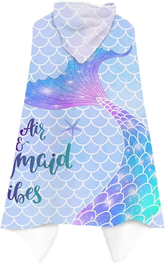 Bonsai Tree Mermaid Kids Hooded Beach Towel, Mermaid Tail Microfiber Hooded Poncho Towel for Girls 30”x50”, Mermaid Scales Pink Soft Absorbent Bath Towels Bathrobe with Hood for Swin Pool