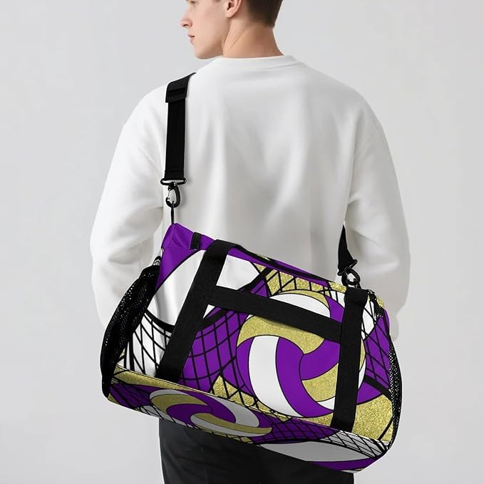 Custom Volleyball Purple Gold Duffel Bag with Name Personalized Travel Bags Sport Gym Bag Carry On Weekender Bags for Men Women