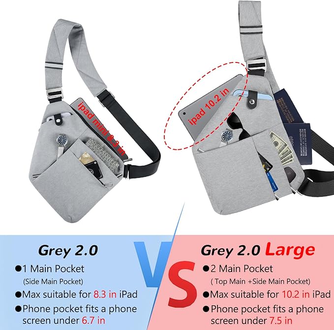VADOO Anti-theft Sling Bag, RFID Blocking Crossbody Bag for Women and Men Lightweight Shoulder Chest Bag for Travel Sport, Grey 2.0, Large