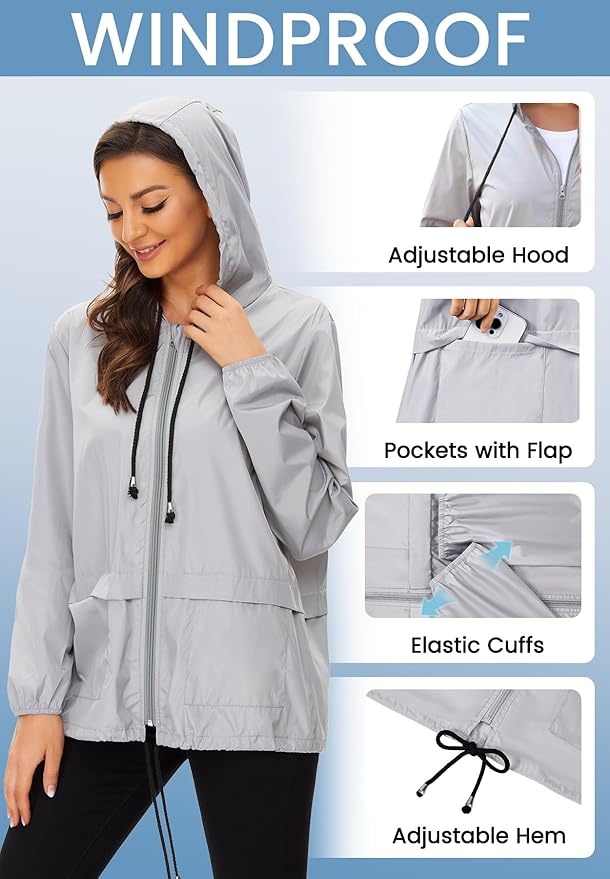 Zando Lightweight Rain Jacket Women Waterproof - Raincoat for Women Packable Rain coat Hooded Windbreaker for Travel Outdoor