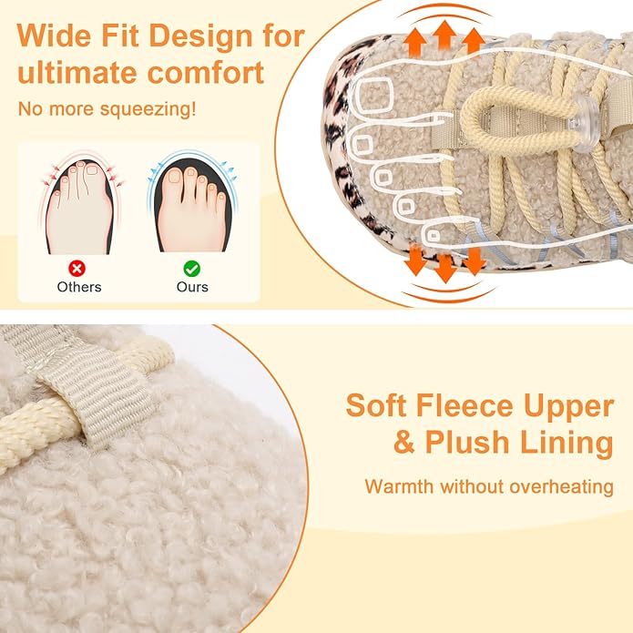 relxfeet Women's Wide Width Slippers Cozy Furry Barefoot House Shoes with Adjustable Fit Non-Slip Indoor Outdoor Slippers for Diabetic Bunion Swollen Feet Friendly
