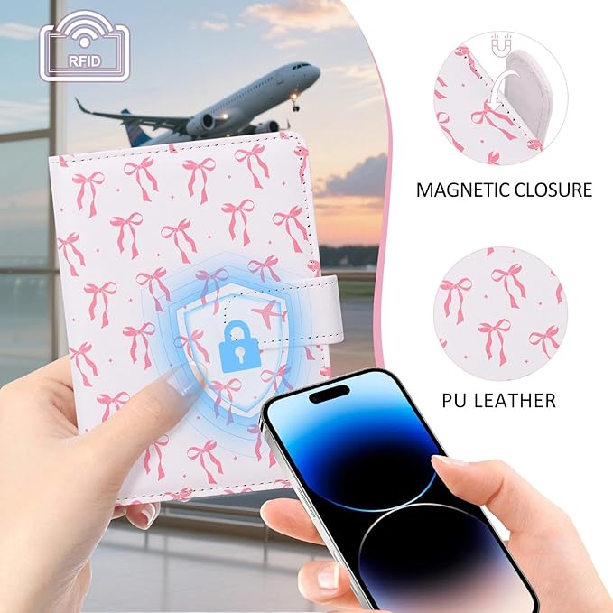 COSHAYSOO Personalized RFID Passport Holder for Travel Women Passports Cover Case Air Essentials Airplane Flight Accessories Airline Plane Flying Must Haves Christmas Gifts Teen Girls Pink Bow Knot