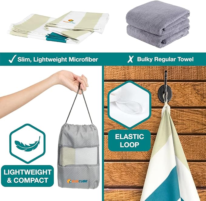 SUN CUBE Microfiber Beach Towel, Quick Dry Sand Free Beach Towel, Lightweight Compact Travel Swim Towel for Pool, Camping, Sand Resistant Packable Adult Towel - Beige Cream, 60x30 Inches