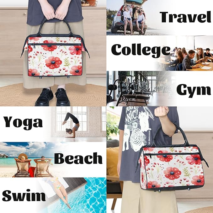 Gym Bag for Women Men, Watercolor Red Flower Sports Duffel Bags, Waterproof Travel Weekender Overnight Carry On Tote Bags for Travel Sports