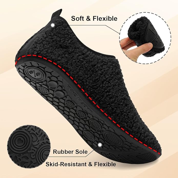 QFH Womens & Mens Cozy House Slippers - Portable Travel Shoes with Flexible Rubber Sole & Soft Velvet Lining