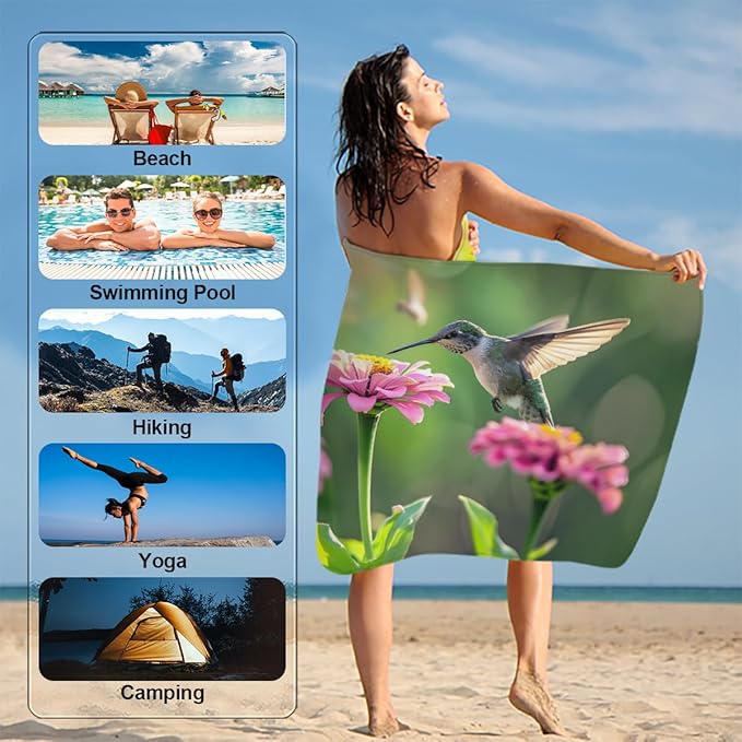 Hummingbird Flower Beautiful Beach Towel, Large Microfiber Quick Dry Lightweight Pool Bath Towels Sand Free Beach Blanket for Summer Cruise Yoga Camping Travel Vacation Essentials 31 x 61 in