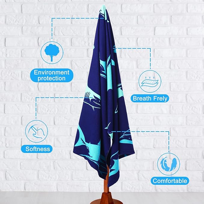 Genovega Oversized Terry Beach Towel 36 x 72 in Soft Extra Large Big Pool Swim Towels for Adult XL Clearance Travel Blanket Cruise Vacation Accessories Essentials Lounge Chair Cover Small Shark