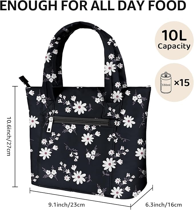 Tote Lunch Bag Women Stylish Quilted Lunch Boxes for Adult Fit and Fresh Cooler Insulated Lunchbox for Work Large 10 Liters Cute Compact Lunchbag Waterproof Black Floral