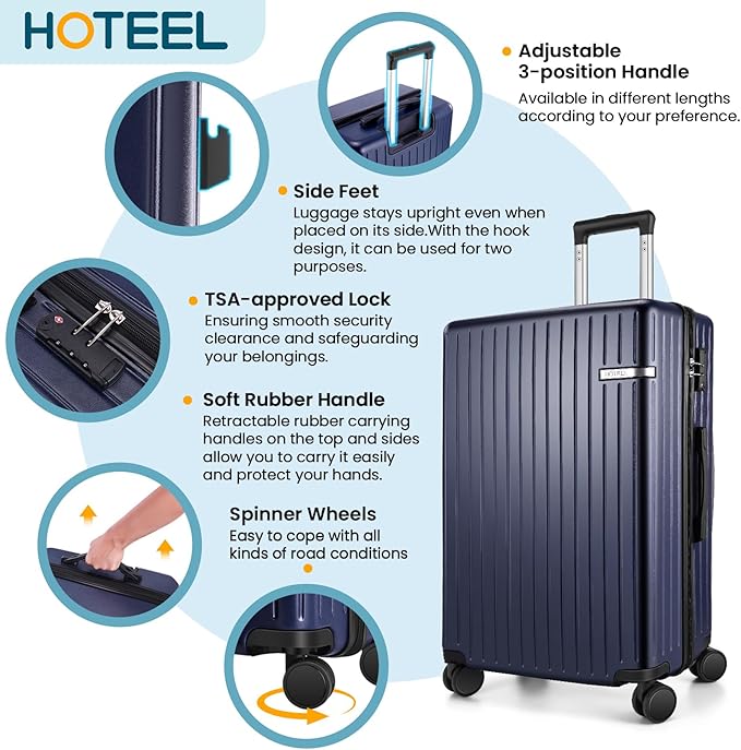 HOTEEL 5 Piece Luggage Set (4-YEAR WARRANTY) ABS+PC Hardshell Carry on Suitcase with Spinner Wheels & TSA Lock for Men Women, Rolling Suit Case for Plane, Travel, Business, Royal Blue (20/24/28/DB/TB)