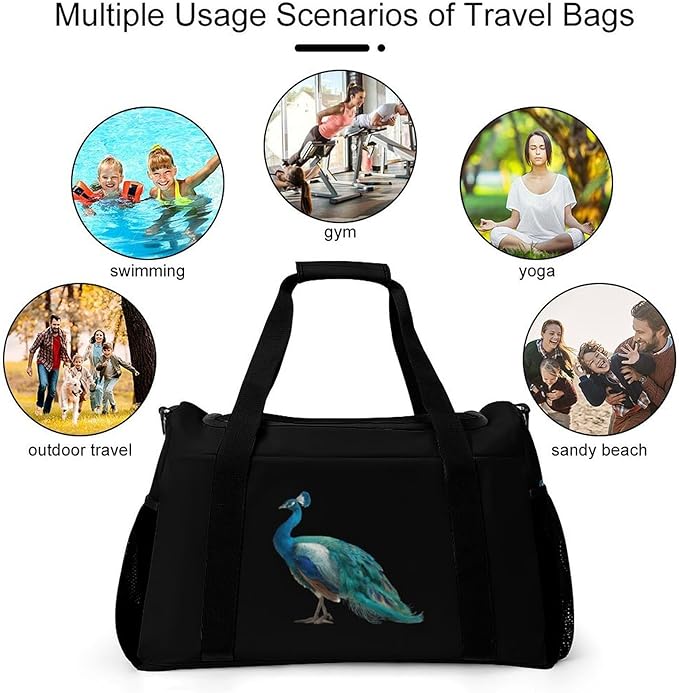 Peacock Bird Duffle Bag Gym Bag for Workout Travel Tote with Detachable Straps