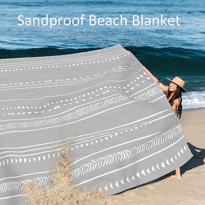 Extra Large 110''×118'' Beach Blanket for 8 Adults, Outdoor Beach Mat Sand Free Waterproof with 4 Stakes & 4 Corner Pockets, Polyester Lightweight Foldable Grey Picnic Mat for Travel, Camping, Hiking