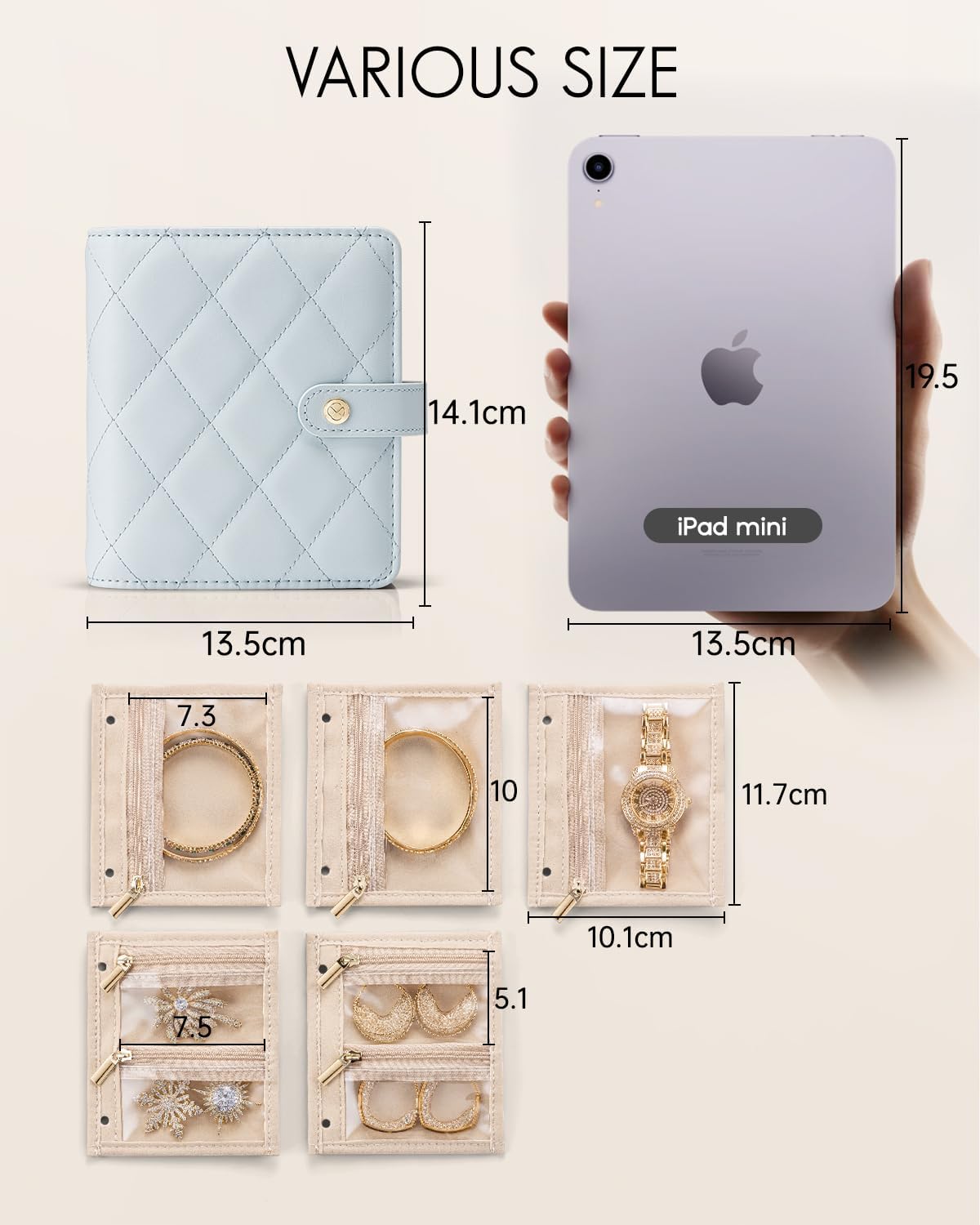 Vlando Travel Jewelry Case,Portable Jewelry Organizer Box with Clear Zipper Velvet Jewelry Pouch,Gifts for Traveler Women Girls-Baby Blue