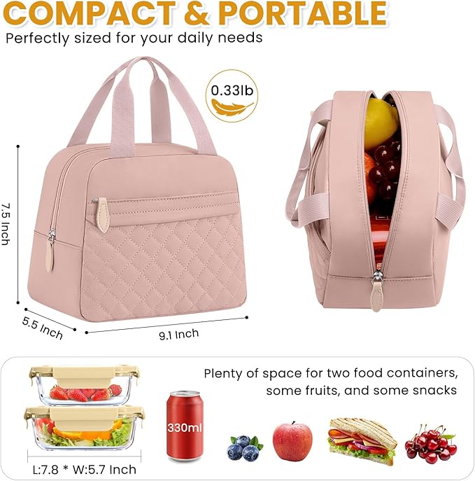 Insulated Lunch Bag for Women, Portable Lightweight Lunch Box for Adults, Reusable Small Lunch Tote Cooler Bags with Front Zipper Pocket for Work School Picnic(Pink)