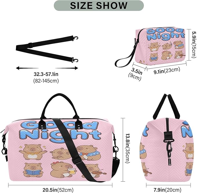Travel Duffle Bag, Cute Good Night Capybara Gym Bag with Storage Bag Weekender Overnight Bag for Men Women Trip Sports Yoga