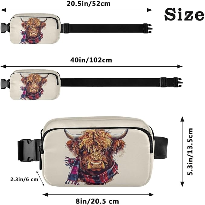 Scottish Highland Cow with Plaid Scarf Fanny Pack for Women Men Water Resistant Fashion Waist Packs with Adjustable Strap Belt Bag for Travel Workout Jogging Hiking 21218522
