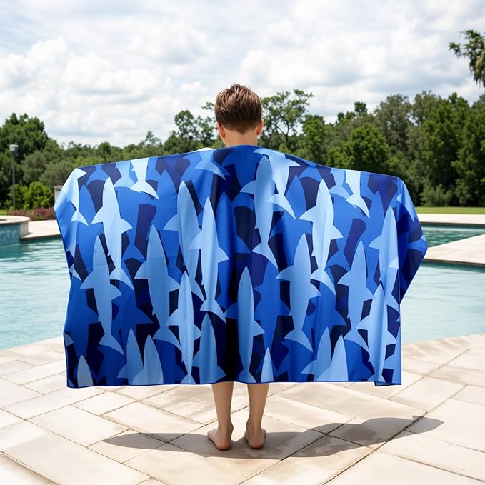 MelonBoat Large Microfiber Beach Towel: Navy Blue Shark Sand Free Beach Towel for Travel, Super Absorbent Quick Dry, Lightweight Compact for Kids Trip Vacation Beach Bath Yoga Camping Pool Swim