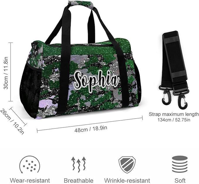 Custom Multifunctional Duffel Bag with Name Gym Bags Adjustable Shoulder Strap Travel Bag for Teens Green Black Camo Bling Print Casual Bag