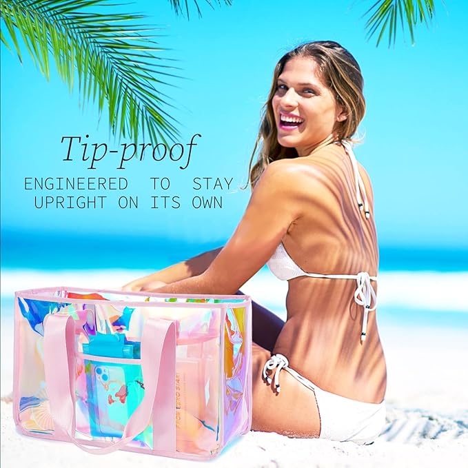 Iridescent Clear Beach Bag for Women, Large Pool Tote Cruise Vacation Essentials - Waterproof, Zipper Closure