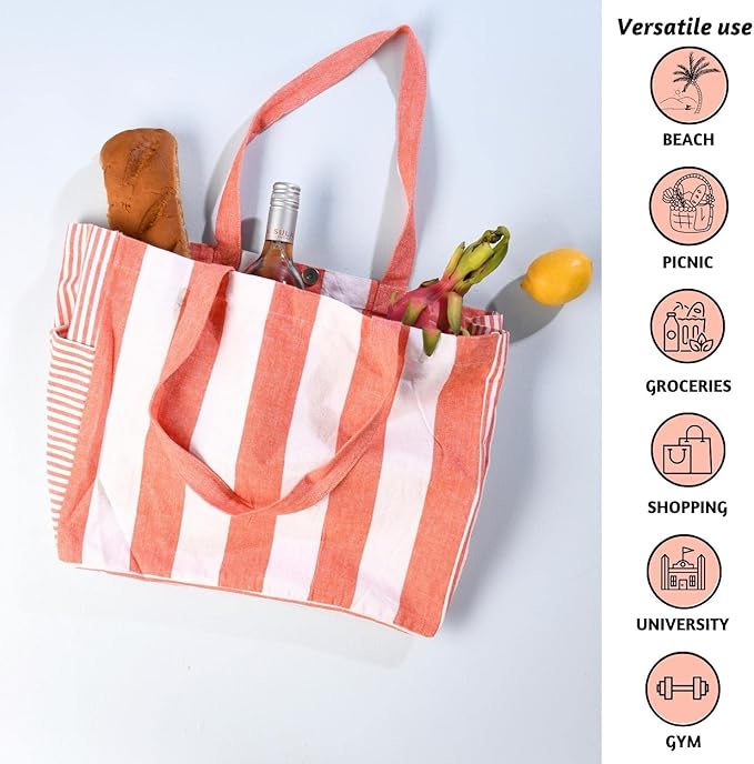 Folkulture Beach Bag For Women | 17 x 14 Inch - 100% Cotton Beach Tote Bag With Zipper Pocket Inside, Large Woven Pool Bag