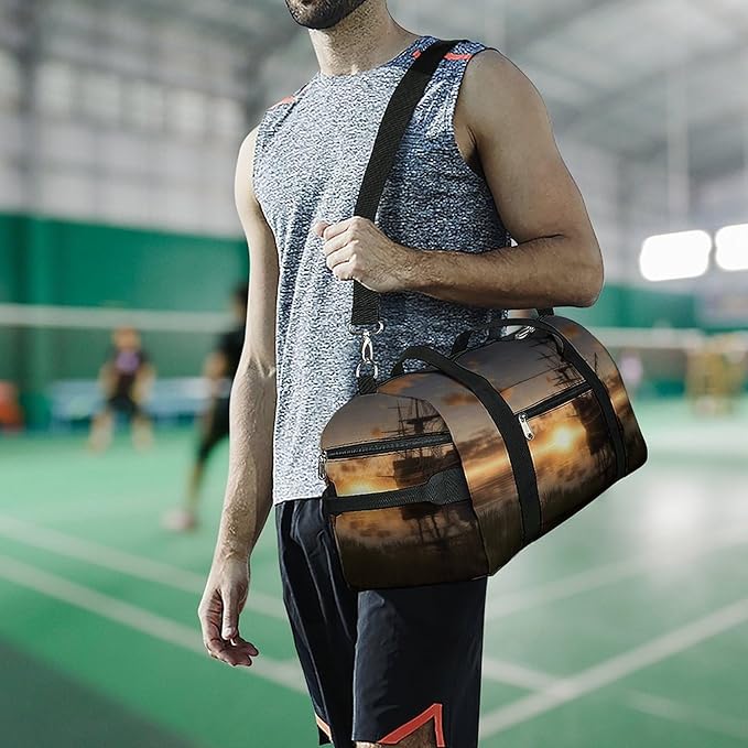 Ship in The Lake Sunset Gym Bag Lightweight ，Travel Duffle Bag with Shoe Compartment，Gym Bag for Women for Overnight, Weekend, Yoga, Gym, Business Trips, Sport And Hospital.