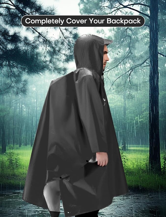 Hooded Rain Poncho for Adult, TPU IP8000mm Waterproof Coating, Reusable Unisex Rain Poncho for Hiking Travelling