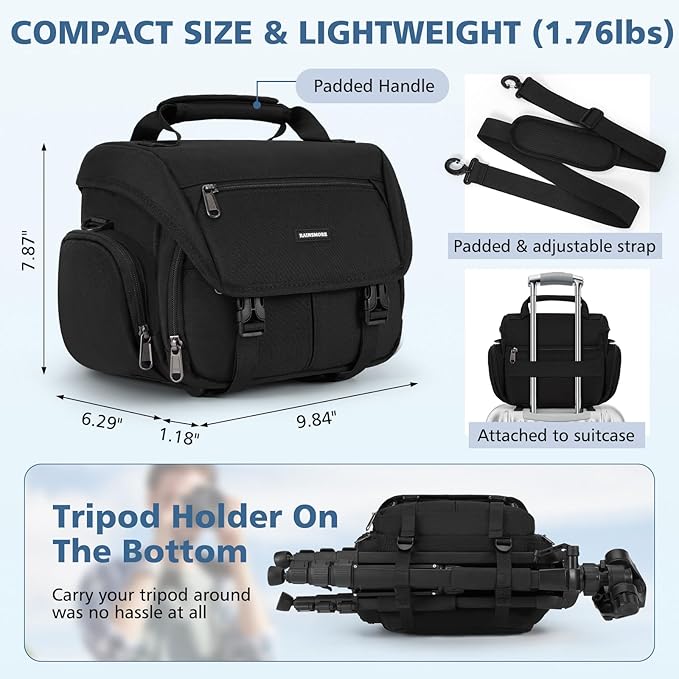 RAINSMORE Camera Bag, DSLR/SLR/Mirrorless Camera Sling Bag for Photographers Waterproof Small Camera Case with Tripod Holder & Rain Cover Camera Crossbody Bag for Canon/Nikon/Sony/Fuji, Black