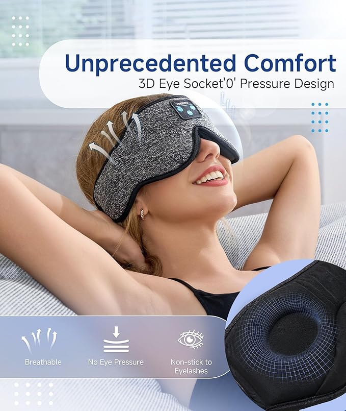 Voerou Sleep Headphones Sleep Mask Bluetooth 5.4 Earphones, Sleeping Headphones Eye Masks for Men Women, 100% Black Out Eye Covers for Sleeping, Relaxation Christmas Tech Gifts for Teen Boys Mom Dad