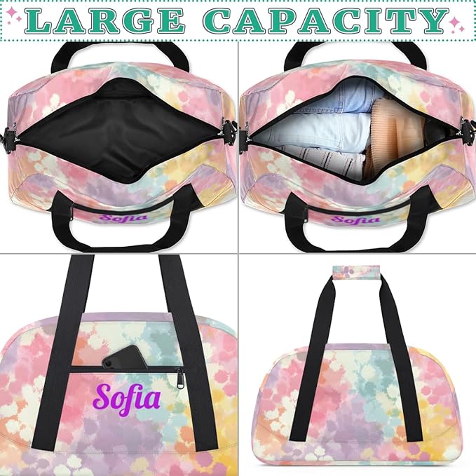 Custom Name Girl Gym Travel Duffle Bag with Front Zipper Pocket Personalizedfor Sports Bag for Overnight, Weekender, Carry On,Workout & Dance, 18.9 * 8.7 * 10.6 in,Yellow Pink Gray